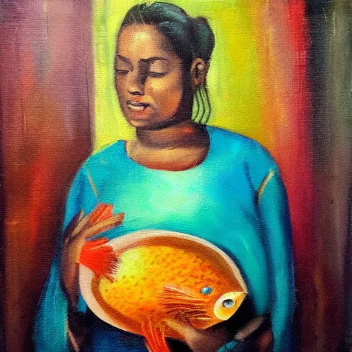 Prompt: a beautiful woman holding fish bowl with fish inside. Colorful. Oil on canvas.