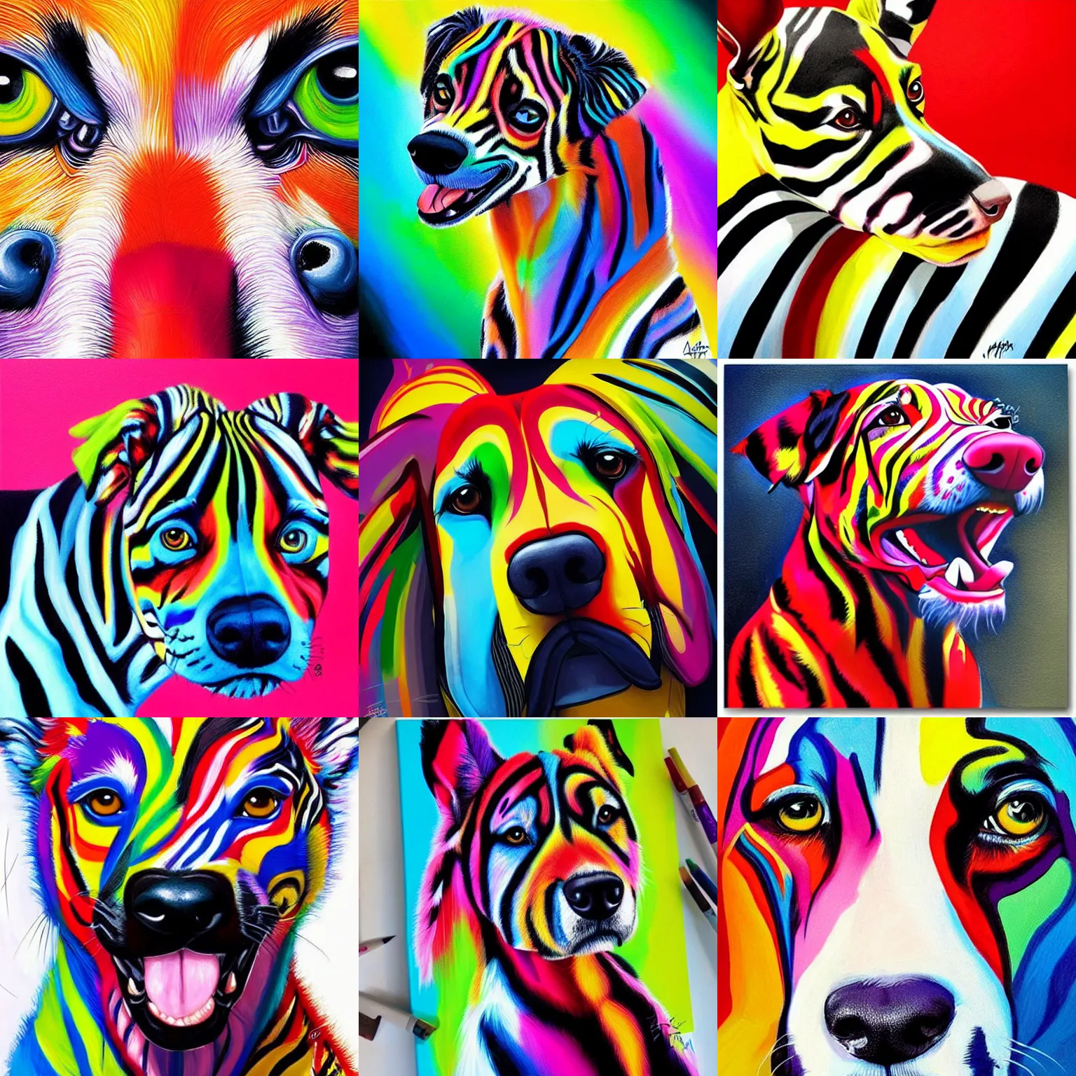 Prompt: A bright, vibrant, dynamic, spirited, vivid painting of a dog with zebra stripes. by artgerm.