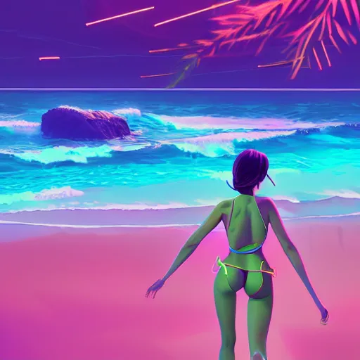 Image similar to neon bikini woman in the ocean | hyperrealistic digital painting by makoto shinkai, ilya kuvshinov, lois van baarle, rossdraws | afrofuturism in the style of hearthstone and overwatch, trending on artstation