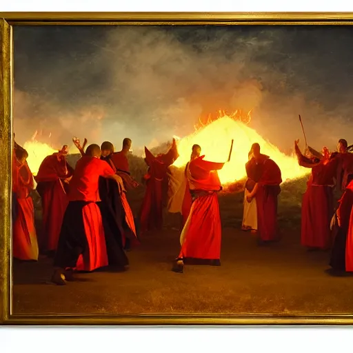 Prompt: medieval monks dancing around fire, pagan ritual, painting by Frederic Edwin Church, octane rendering, warm moody lighting, wide angle lens, in the style of Pixar, fire fills the sky, n- 6