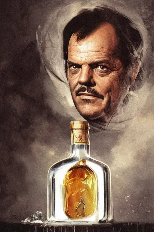 Image similar to imagine a ship in a bottle but instead of a ship a young jack nicholson is in the bottle, jack nicholson, fancy whiskey bottle, masterpiece painting by greg rutkowski