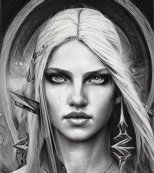 Image similar to portrait of beautiful aphrodite goddess as an archer warrior, arrow, beautiful piercing eyes, flowing blonde hair, realistic face, black and white drawing, in the style of greg rutkowski, fantasy, amazing detail, epic, intricate, elegant, smooth, sharp focus