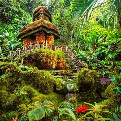 Prompt: a jungle temple surrounded by tropical flowers and moss, with a sunset, by alex horley, bokeh photography