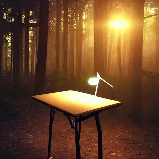 Prompt: A small desk with desklamp in the middle of a forest, floating lights, magical, byStudio Ghibli