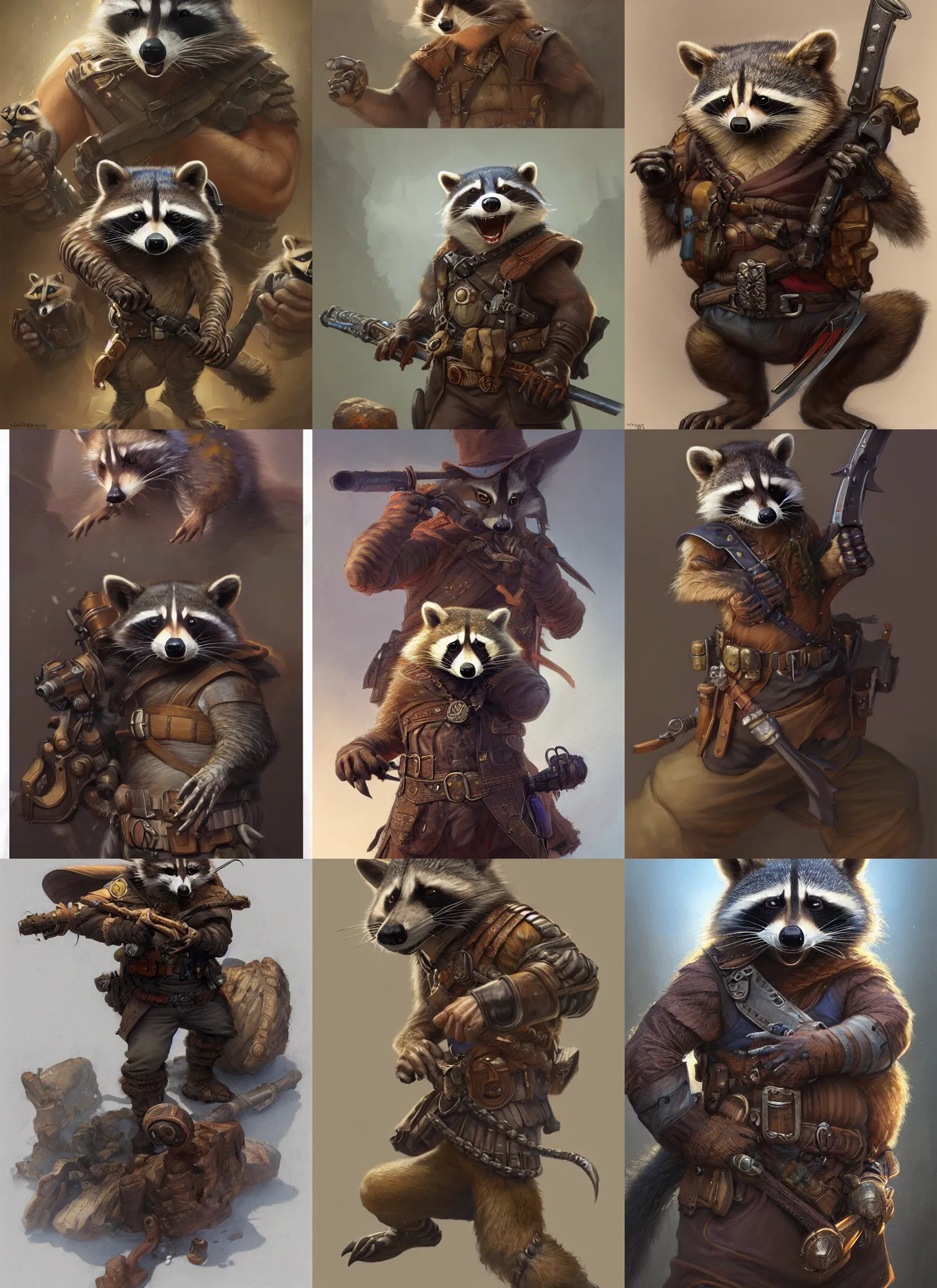 Prompt: a detailed portrait and full body of a assassin raccoons, by justin gerard and greg rut kowski, digital art, realistic painting, dnd, character design, donato giancola and greg rutkowski, realistic face, digital art, trending on artstation