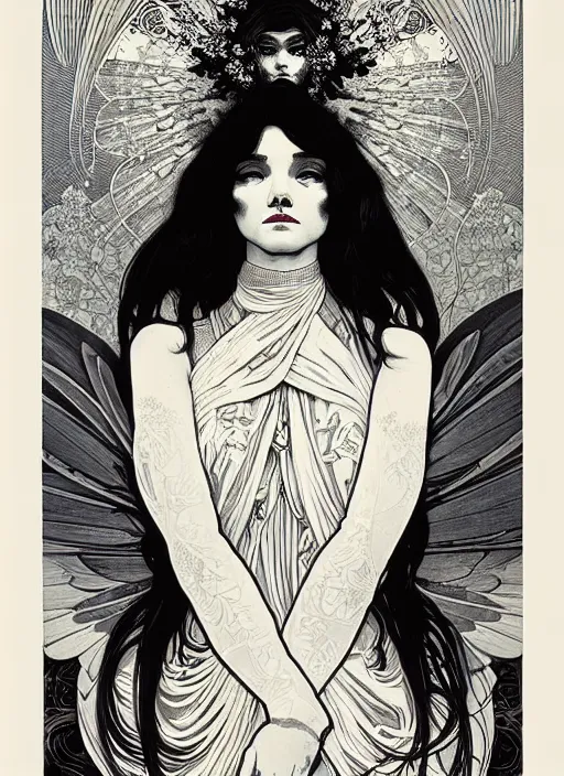 Prompt: fallen angel girl portrait by nicolas delort, alphonse mucha, victo ngai, josan gonzalez, kilian eng