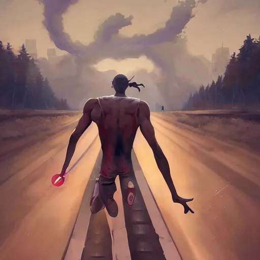 Prompt: cinematic painting of qwop!!!!!!!!!!!!!!!!!!!! running down the track by alvaro castagnet, peter mohrbacher and dan mumford, kinetic, motion, athletic, running