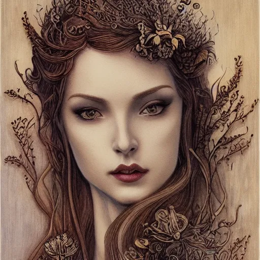 Image similar to facial portrait of a young pretty woman in flowing dress, arrogant, mysterious, long fine flowing hair, delicate, looking at camera, slightly awkward smile, realistic face, hands behind back, intricate, stylish, elegant, grimdark fantasy, flowers, art nouveau, extremely detailed painting inspired by Gerald Brom and Ernst Haeckel and Kaluta