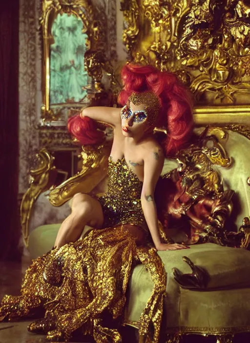 Prompt: lady gaga styled by david lachapelle posing in an expensive mansion setting , vogue magazine, Highly realistic. High resolution. Highly detailed. Dramatic. 8k.4k.