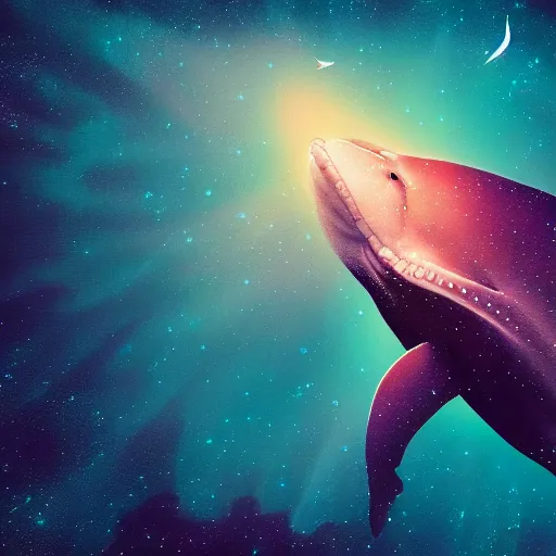 Image similar to portrait of whale swimming on a night sky, swimming across the universe, nebulae, oniric, dreamy, beautiful, highly detailed, cinematic, trending on artstation