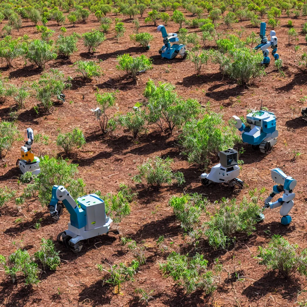 Image similar to robots harvesting a permaculture food forest in the australian desert, XF IQ4, 150MP, 50mm, F1.4, ISO 200, 1/160s, natural light