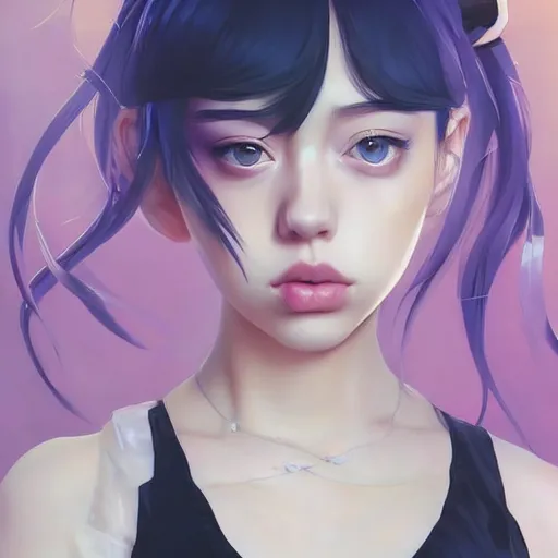 Image similar to a beautiful young japanese billie eilish kat dennings alluring instagram model in elaborate latex tank top, full body design by guweiz and wlop and ilya kuvshinov and artgerm and makoto shinkai and studio ghibli, symmetrical eyes, aesthetic, gorgeous, stunning, alluring, attractive, artstation, deviantart, pinterest, digital art