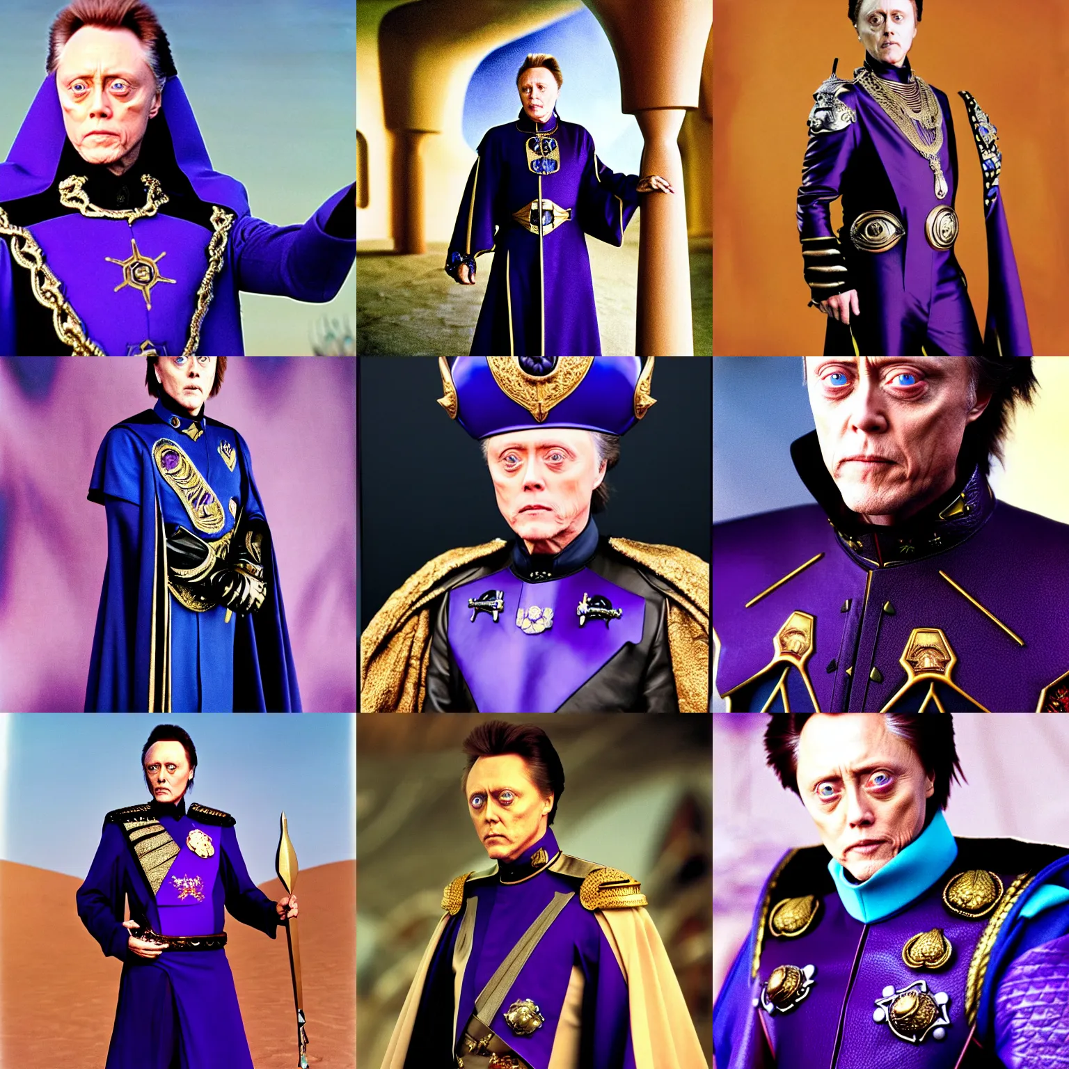 Prompt: Modern photograph of Christopher Walken as Emperor Shaddam IV in Dune, with blue sclera, wearing futuristic ornate purple regal leather uniform, with two golden lion emblems
