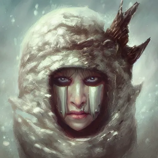 Prompt: “ fantasy snow bandit ‘ icewind dale ’ with mask, portrait by ‘ justin sweet ’, soft focus, illustrated, oil paint, artstation ”