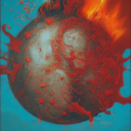 Image similar to a sphere being devoured by abstract splatters of paint in the style of francis bacon, venus being engulfed in flames in the style of james jean, surreal, beksinski, high detailed