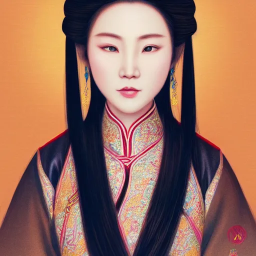 Image similar to hyper realism portrait of Chinese princess by Zhong, Fenghua, stunning, detailing, artstation trending, perfect lighting, golden hour