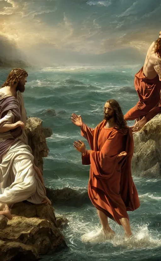 Image similar to An epic matte painting of Jesus saving Petrus in the Water, beautiful, stunning, gorgeous, 4k resolution, professional digital art, f16, intricate