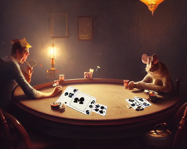 Image similar to 5 5 mm portrait photo of mouse playing poker. magical atmosphere. art by greg rutkowski. highly detailed 8 k. intricate. lifelike. soft light. nikon d 8 5 0.