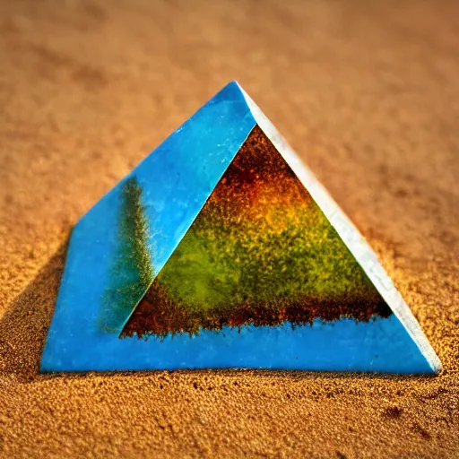 Image similar to four - sided pyramid peridot, turquoise, amber, volumetric light, abstract, bright colour, landscape, desert, earth, fire, water