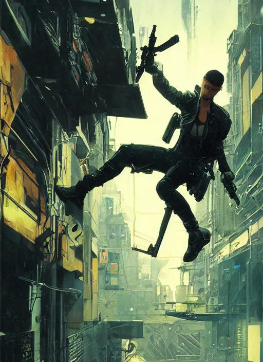 Prompt: Ezra. Cyberpunk assassin in tactical gear doing a spin kick. rb6s, (Cyberpunk 2077), blade runner 2049, (matrix). Epic painting by Craig Mullins and Alphonso Mucha. painting with Vivid color.