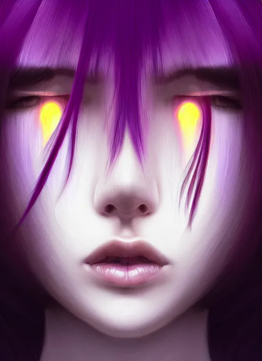 Image similar to hair whitebangs hair, black hair, whitebangs, portrait of teenage girl with white bangs, red irises, purple clothes, white bangs, bangs are different color from hair, intricate, elegant, glowing lights, highly detailed, digital painting, artstation, concept art, smooth, sharp focus, illustration, art by wlop, mars ravelo and greg rutkowski