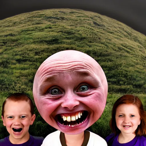 Prompt: family portrait studio of ugly family big rond eyes bad rotten teeth and smile, horrible scary family laughter by Chris Cunningham, mountain landscape background,, very detailed, grainy image