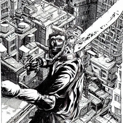 Image similar to of a beautiful painting of chainsaw man cutting his way through a city filled with flesh demons by moebius