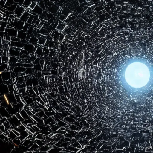 Image similar to vortex of metal debris from space stations and other colossal space objects in black, starless space, dark sci - fi movie scene