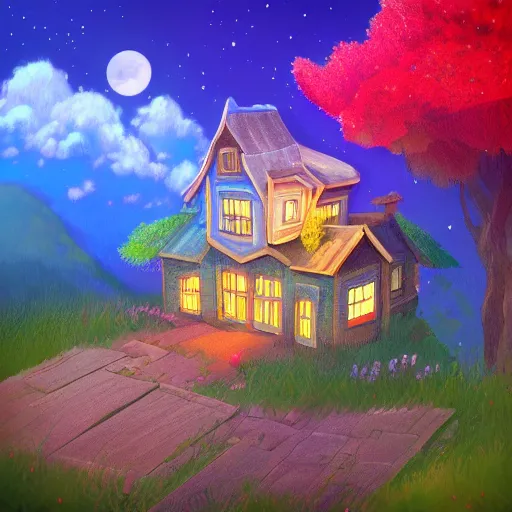 Image similar to beautiful 3 d painting of a colourful house on a hilltop at midnight with small fireflies flying around, in the style of studio ghibli, artstation, unreal engine