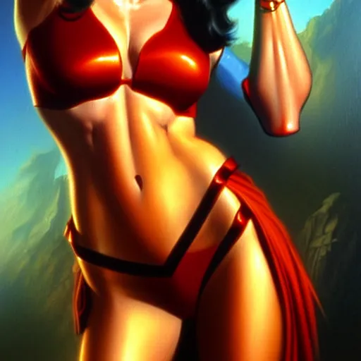 Image similar to full body portrait of young courtney cox as an amazon girl, painted by stanley artgerm, boris vallejo, fantasy art, sleek curves, sharp focus, trending on artstation hq, deviantart