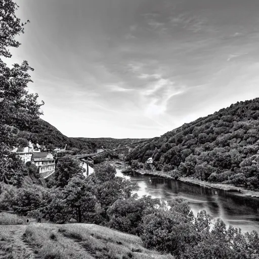Image similar to harpers ferry, photorealistic, 8k, award winning, black and white