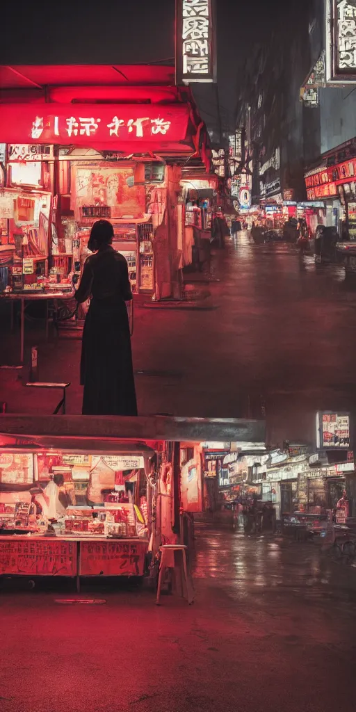 Prompt: blade runner movie still of a school girl at an outdoor noodle stand, hyper realism, rack focus, close establishing shot, empty street, monochromatic, red neon, soft dramatic lighting, 4 k digital camera