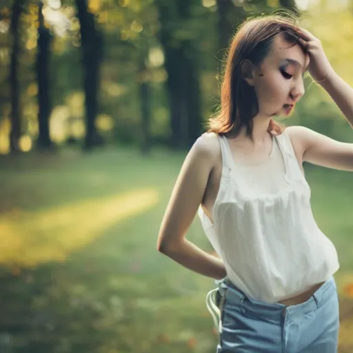 Image similar to , a girl poses for a photographer who is a robot, 5 0 mm lens, f 1. 4, sharp focus, ethereal, emotionally evoking, head in focus, volumetric lighting, blur dreamy outdoor,