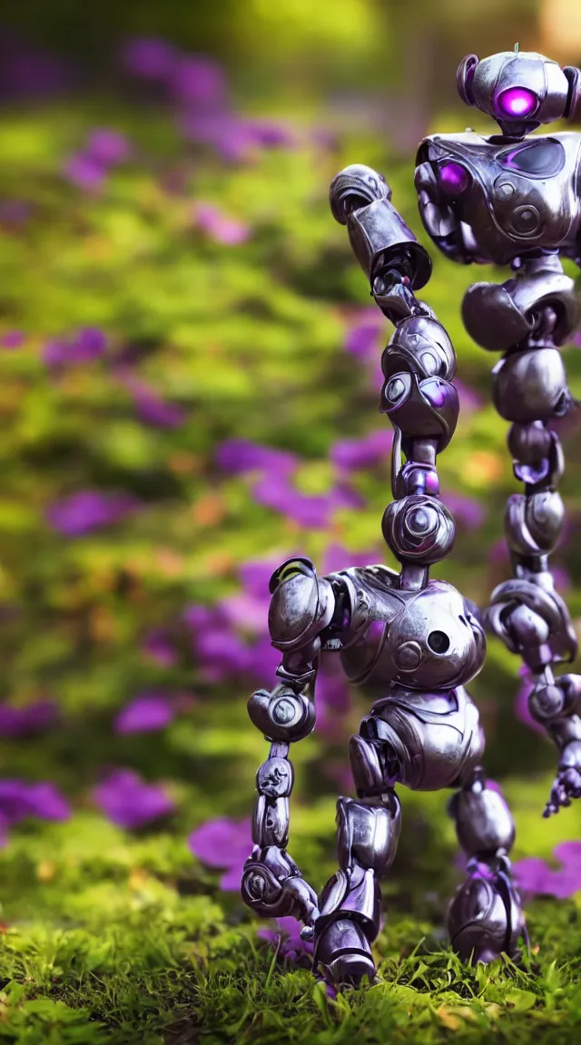 Image similar to small toy robot in a garden, hyper detailed, sharp focus, bokeh, unreal engine, ray tracing, cute, fantasy, sci fi, purple lights, tiny, small