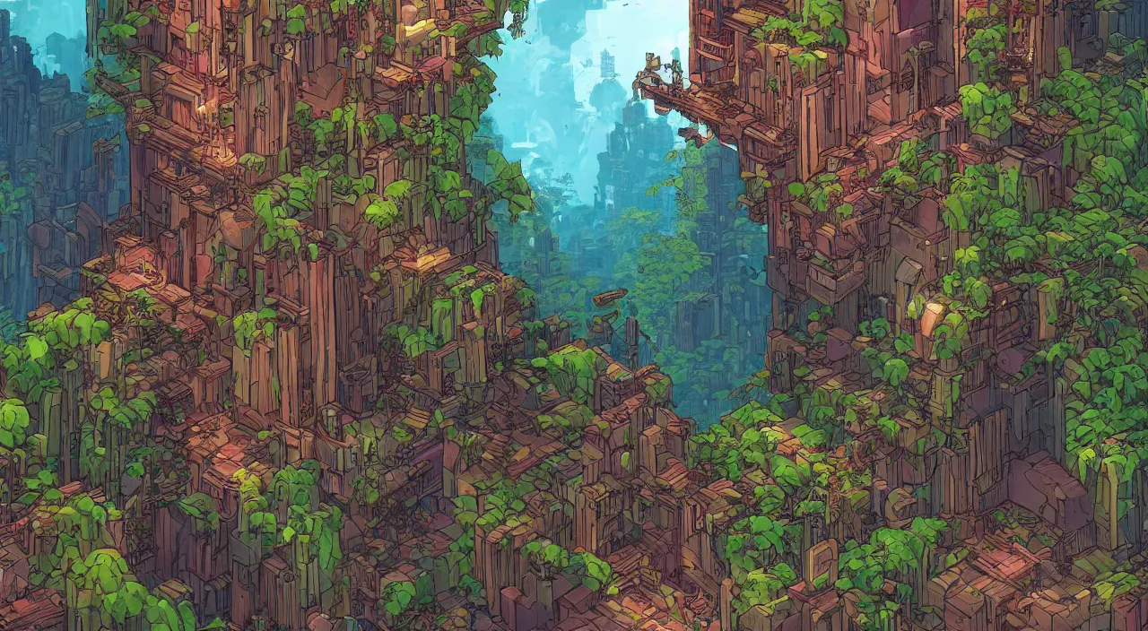 Prompt: open door wood wall fortress greeble block amazon jungle on portal unknow world ambiant fornite colorful that looks like it is from borderlands and by feng zhu and loish and laurie greasley, victo ngai, andreas rocha, john harris