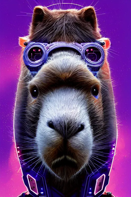 Image similar to a beautiful portrait of a cute cyberpunk capybara by sandra chevrier and greg rutkowski and wlop, purple blue color scheme, high key lighting, volumetric light, digital art, highly detailed, fine detail, intricate, ornate, complex, octane render, unreal engine, photorealistic