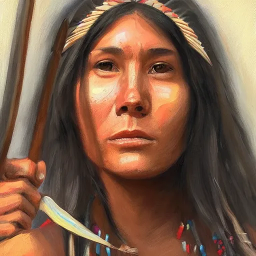 Image similar to Portrait painting of a native american female holding a spear, artstation