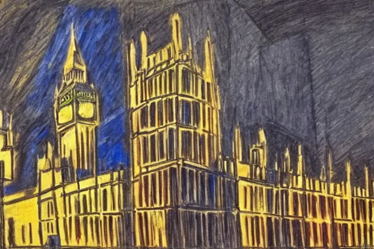 Prompt: color sketch of london houses of parliament, highly detailed, dramatic lighting, intense shadows, rich deep colours, by pablo picasso