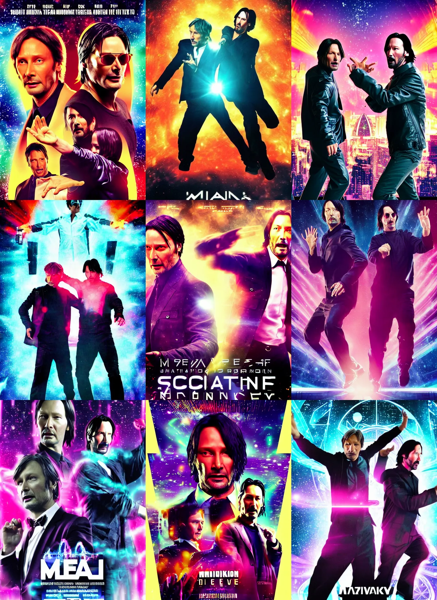 Prompt: sci-fi movie poster with Mads Mikkelsen and Keanu Reeves doing a choreography danceoff, vaporwave style