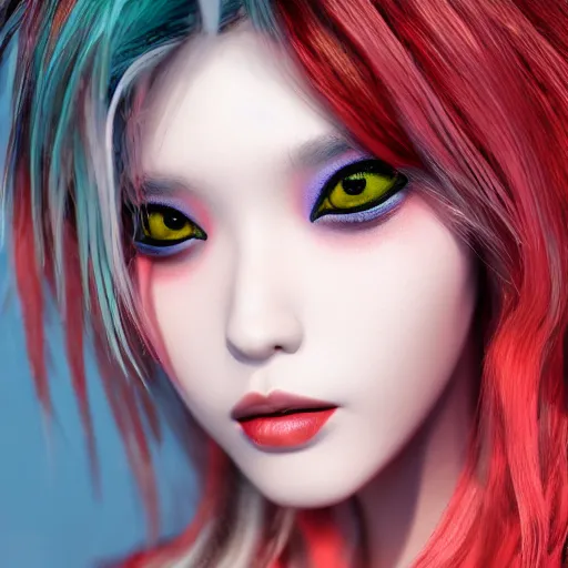 Prompt: Japanese model with maximalist hair style and makeup, bright colors, fashion model, unreal engine octane, red and white, portrait, gliter, depth of field, 8k, hyper detailed, intricate, trending on artstation