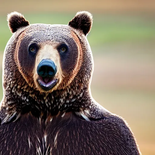 Image similar to a bear with a head of an owl, 8k, ultrarealistic, professional photography