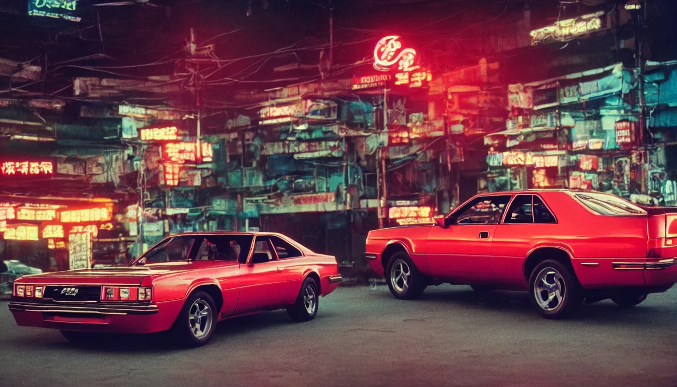 Prompt: 8 0 s asian neon movie still, portrait of a vintage muscle car, medium format color photography, blurred background, movie directed by kar - wai wong, hyperrealistic, photorealistic, high definition, highly detailed, tehnicolor, anamorphic 5 0 mm lens