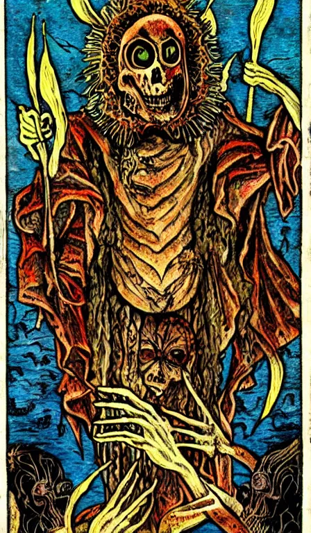 Prompt: full - color 1 5 0 0 s tarot - card illustrated in the style of clive barker depicting scenes of death and torment in the underworld. highly - detailed ; mystical ; horror.