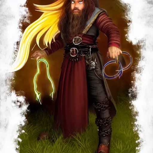 Image similar to dungeons and dragons, realistic,full body long hair goatee warlock with pet imp, magic aura, northern lights