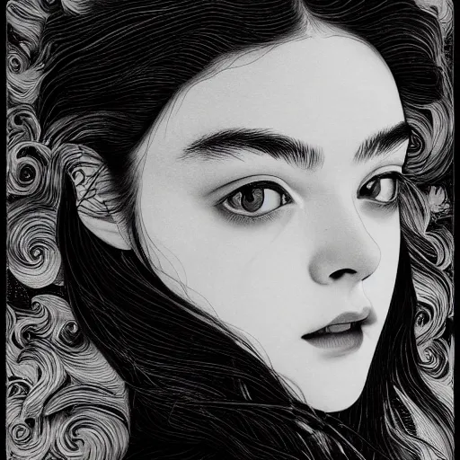 Prompt: professional painting of Elle Fanning in the style of Takato Yamamoto, head and shoulders portrait, symmetrical facial features, smooth, sharp focus, illustration, intricate, stormy weather, extremely detailed masterpiece,