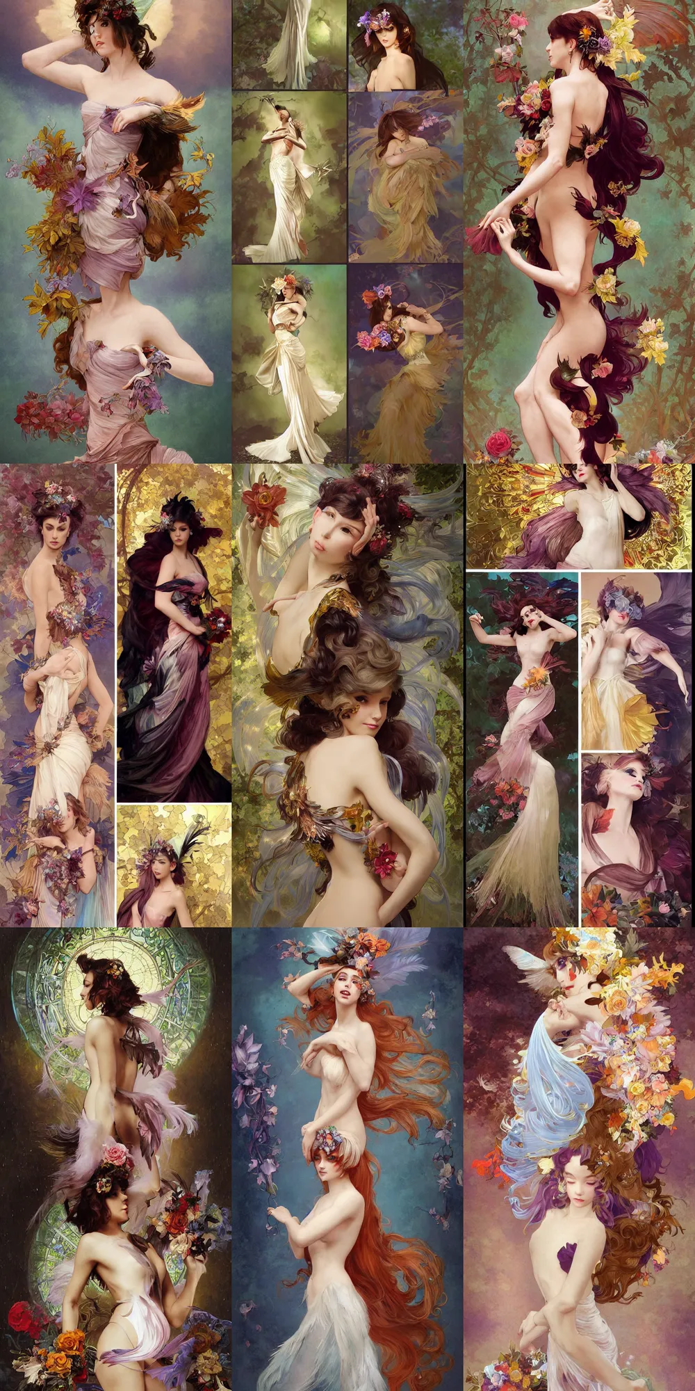 Image similar to Painterly character concept and fashion spot illustrations from a Final Fantasy Halloween-themed wedding, full-body, dynamic poses, diaphanous iridescent silks, autumn colors, bloom, god rays, cinematic lighting, intricate crystalline and feather jewelry, ornate, filigree, arcane, by Luis Ricardo Falero, by Alphonse Mucha, by Bouguereau, by Rubens, fantasy, portfolio illustration, highly detailed, trending on Artstation, CGsociety, Pixologic top row, rendered in Octane, rendered in Arnold, HQ, 8k, 35mm lens, f2.8, Bokeh,