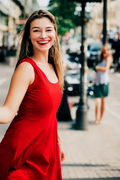 Image similar to blurry photo portrait of a smiling pretty woman in a red sleeveless dress, out of focus, city street scene