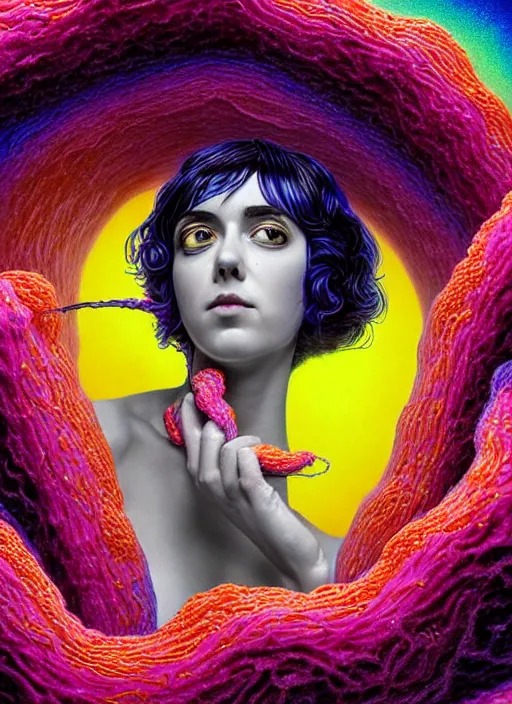 Prompt: hyper detailed 3d render like a Oil painting - Ramona Flowers with black hair in thick mascara seen Eating of the Strangling network of colorful yellowcake and aerochrome and milky Fruit and Her delicate Hands hold of gossamer polyp blossoms bring iridescent fungal flowers whose spores black the foolish stars by Jacek Yerka, Mariusz Lewandowski, Houdini algorithmic generative render, Abstract brush strokes, intense eyes, choke smirk smile grin, Masterpiece, Edward Hopper and James Gilleard, Zdzislaw Beksinski, Mark Ryden, Wolfgang Lettl, Dan Hiller, hints of Yayoi Kasuma, octane render, 8k