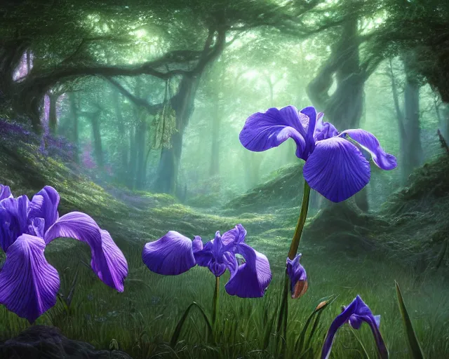 Image similar to detailed concept art of an iris flower in an magical forest by james gurney in the style of yoshitaka amano, depth of field, unreal engine, 8 k, sharpness, artstation, award - winning realistic sci - fi concept art, in the style of james gurney.