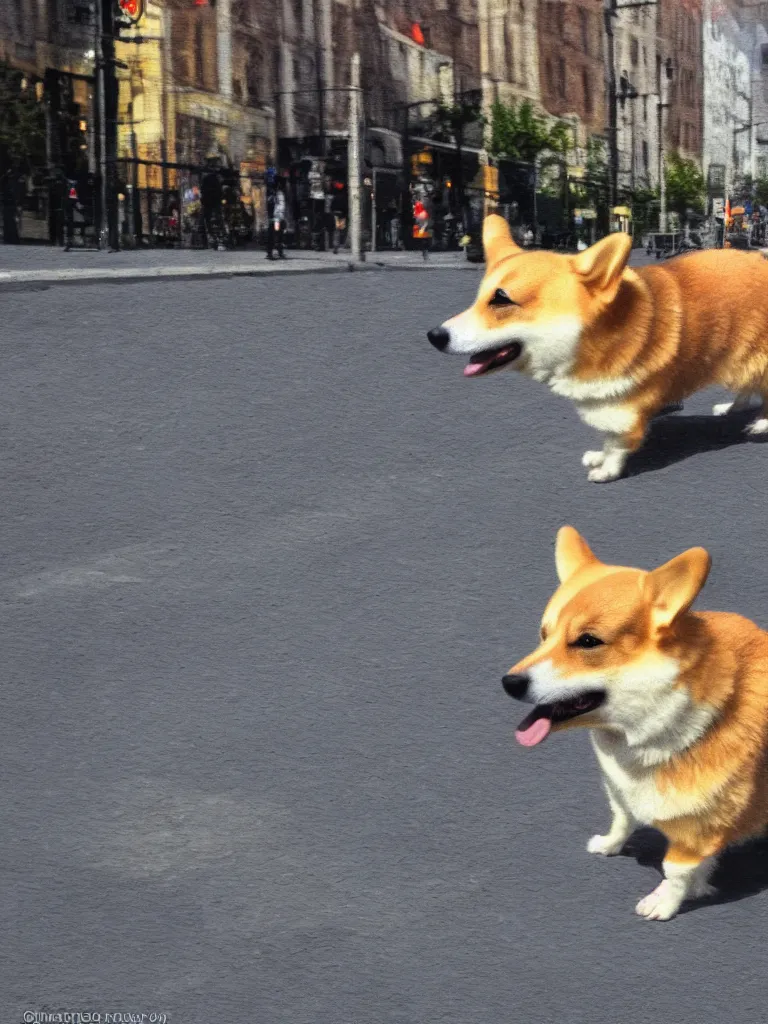 Prompt: happy corgie on the city street detalized morning impressionism style